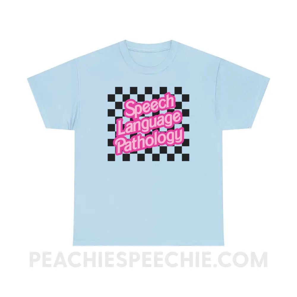 90s Checkerboard Speech Language Pathology Basic Tee - Light Blue / S - T-Shirt peachiespeechie.com