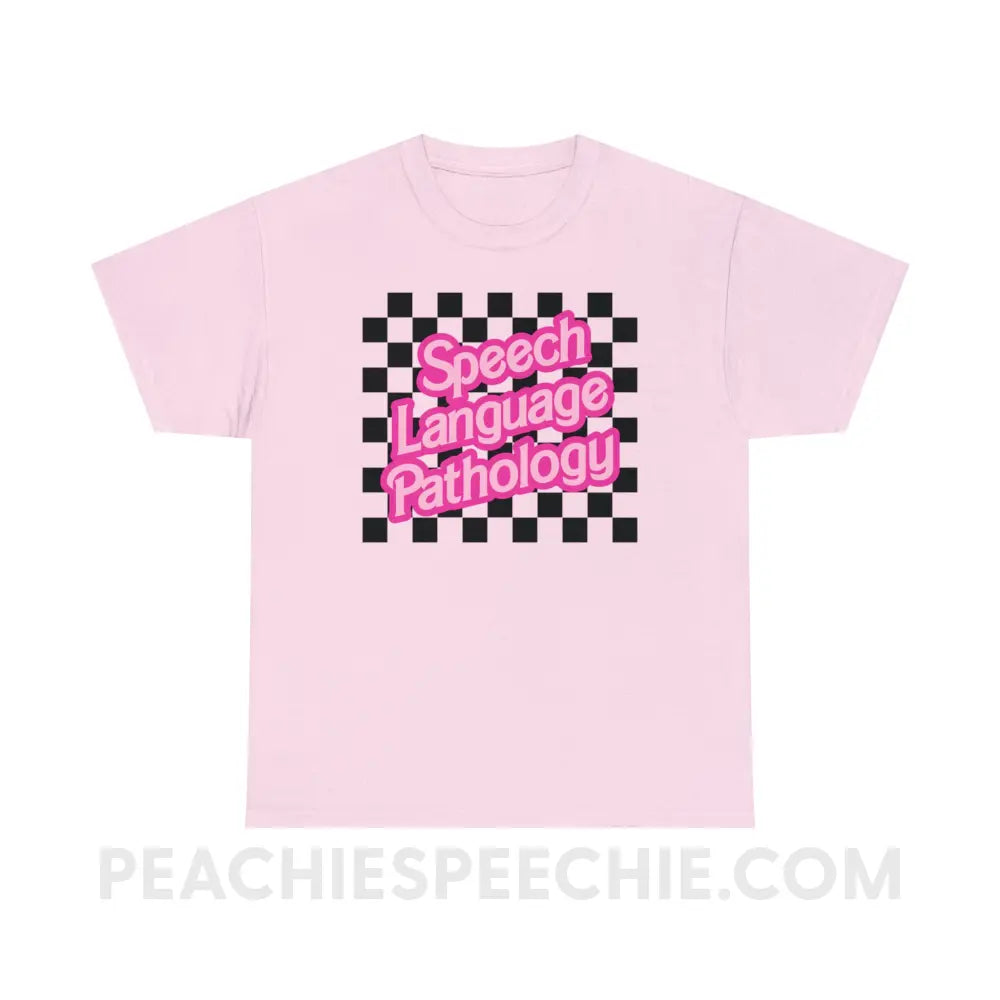 90s Checkerboard Speech Language Pathology Basic Tee - Light Pink / S - T-Shirt peachiespeechie.com