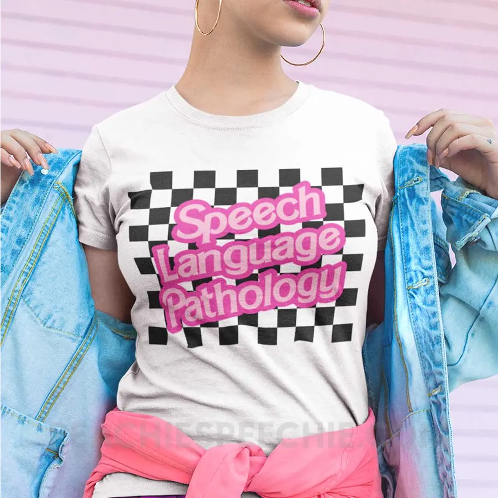 90s Checkerboard Speech Language Pathology Basic Tee - T-Shirt peachiespeechie.com
