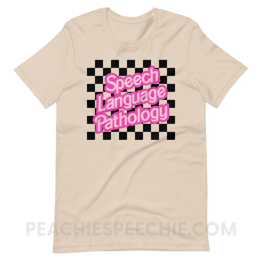 90s Checkerboard Speech Language Pathology Premium Soft Tee - Cream / S - peachiespeechie.com
