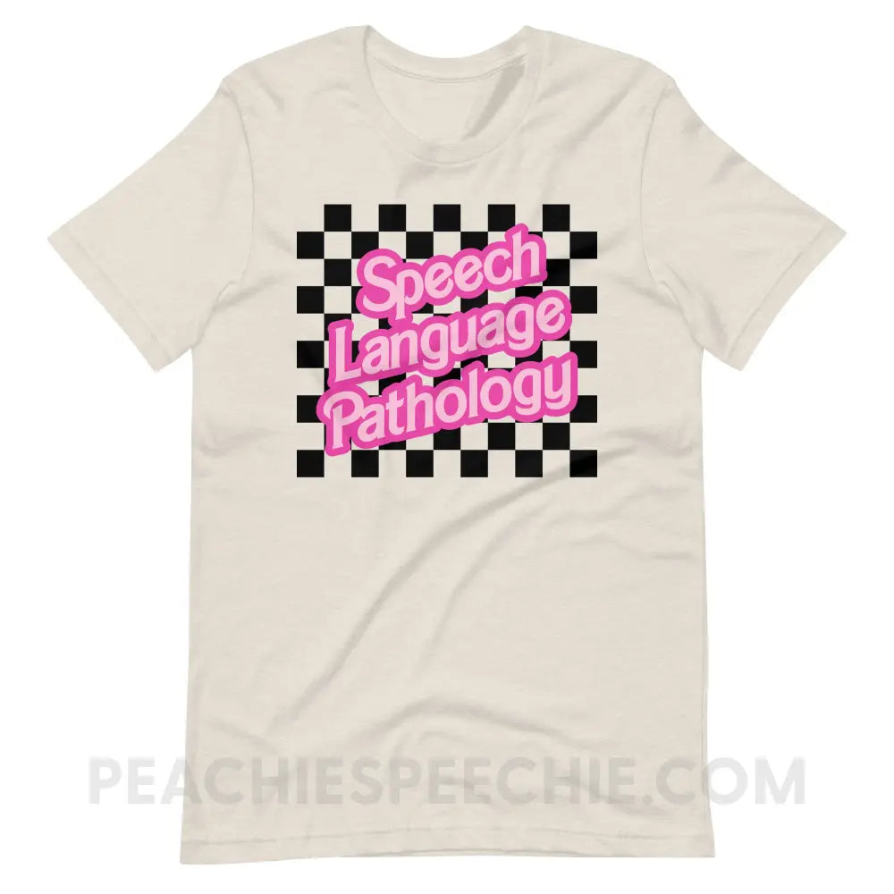 90s Checkerboard Speech Language Pathology Premium Soft Tee - Heather Dust / S - peachiespeechie.com