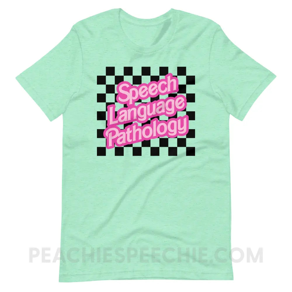 90s Checkerboard Speech Language Pathology Premium Soft Tee - Heather Mint / S - peachiespeechie.com