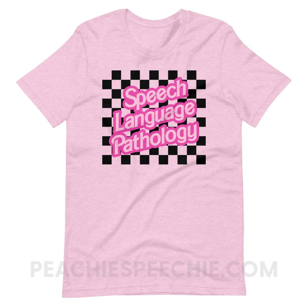 90s Checkerboard Speech Language Pathology Premium Soft Tee - Heather Prism Lilac / S - peachiespeechie.com