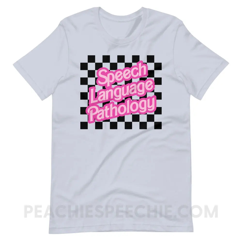 90s Checkerboard Speech Language Pathology Premium Soft Tee - Light Blue / S - peachiespeechie.com