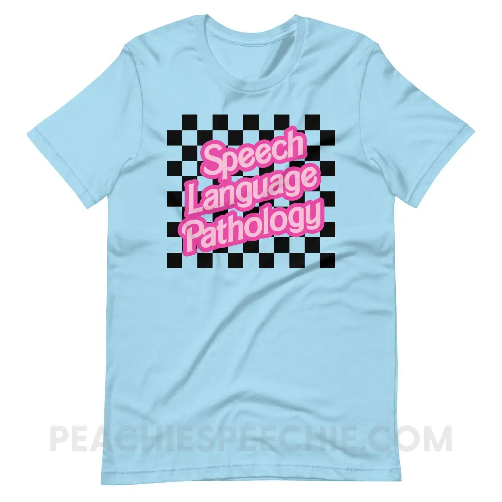 90s Checkerboard Speech Language Pathology Premium Soft Tee - Ocean Blue / S - peachiespeechie.com