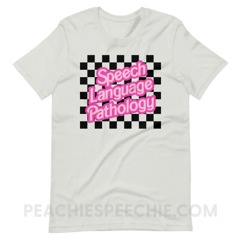 90s Checkerboard Speech Language Pathology Premium Soft Tee - Silver / S - peachiespeechie.com