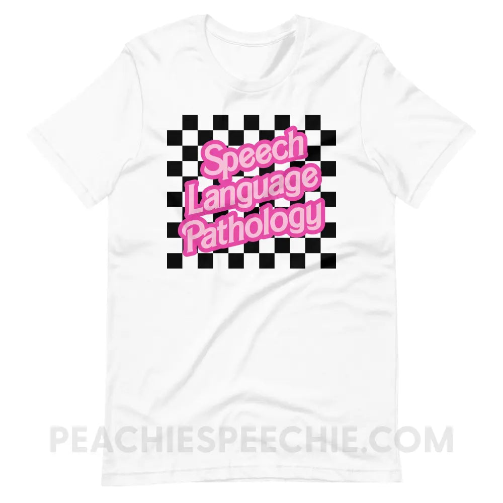 90s Checkerboard Speech Language Pathology Premium Soft Tee - White / S - peachiespeechie.com