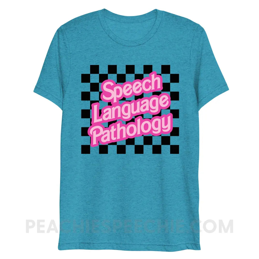 90s Checkerboard Speech Language Pathology Tri-Blend Tee - Aqua Triblend / XS - peachiespeechie.com