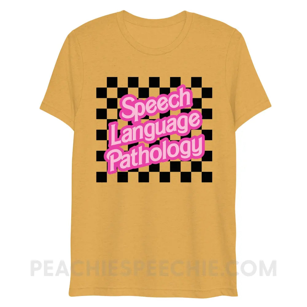 90s Checkerboard Speech Language Pathology Tri-Blend Tee - Mustard Triblend / XS - peachiespeechie.com