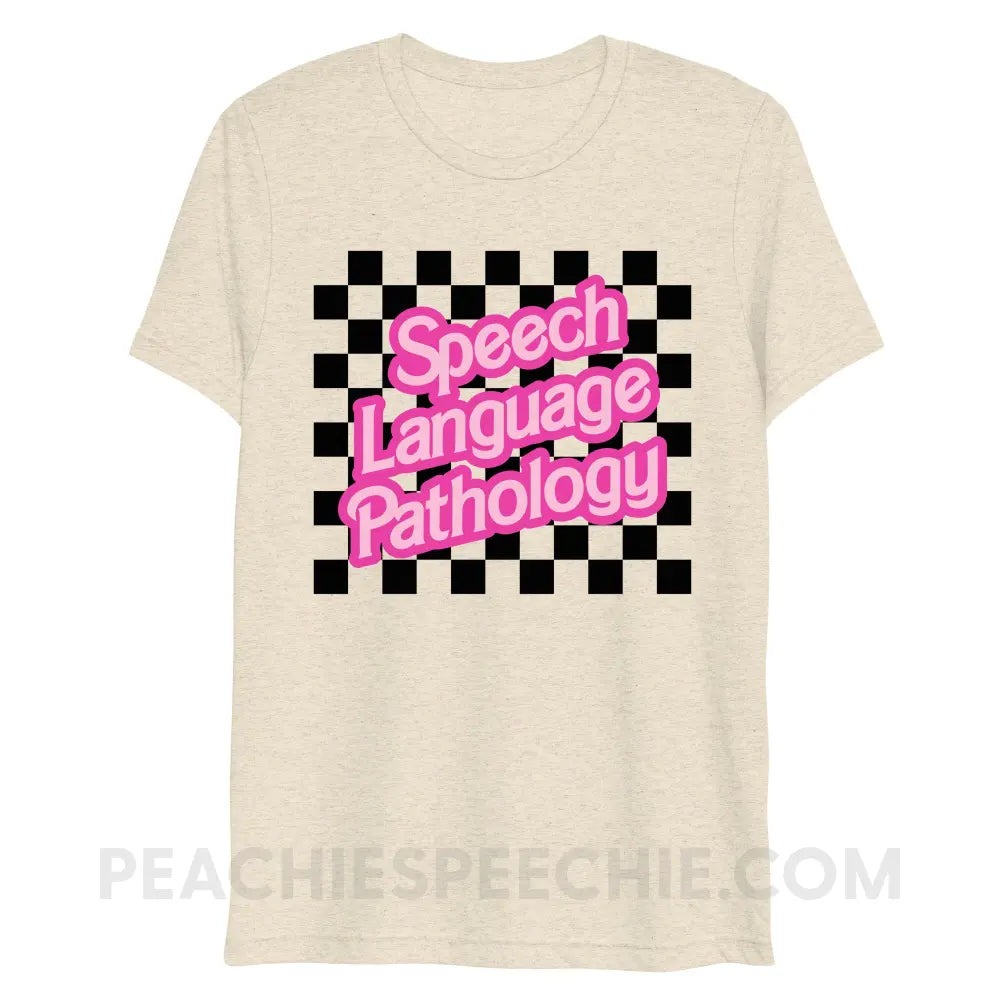 90s Checkerboard Speech Language Pathology Tri-Blend Tee - Oatmeal Triblend / XS - peachiespeechie.com