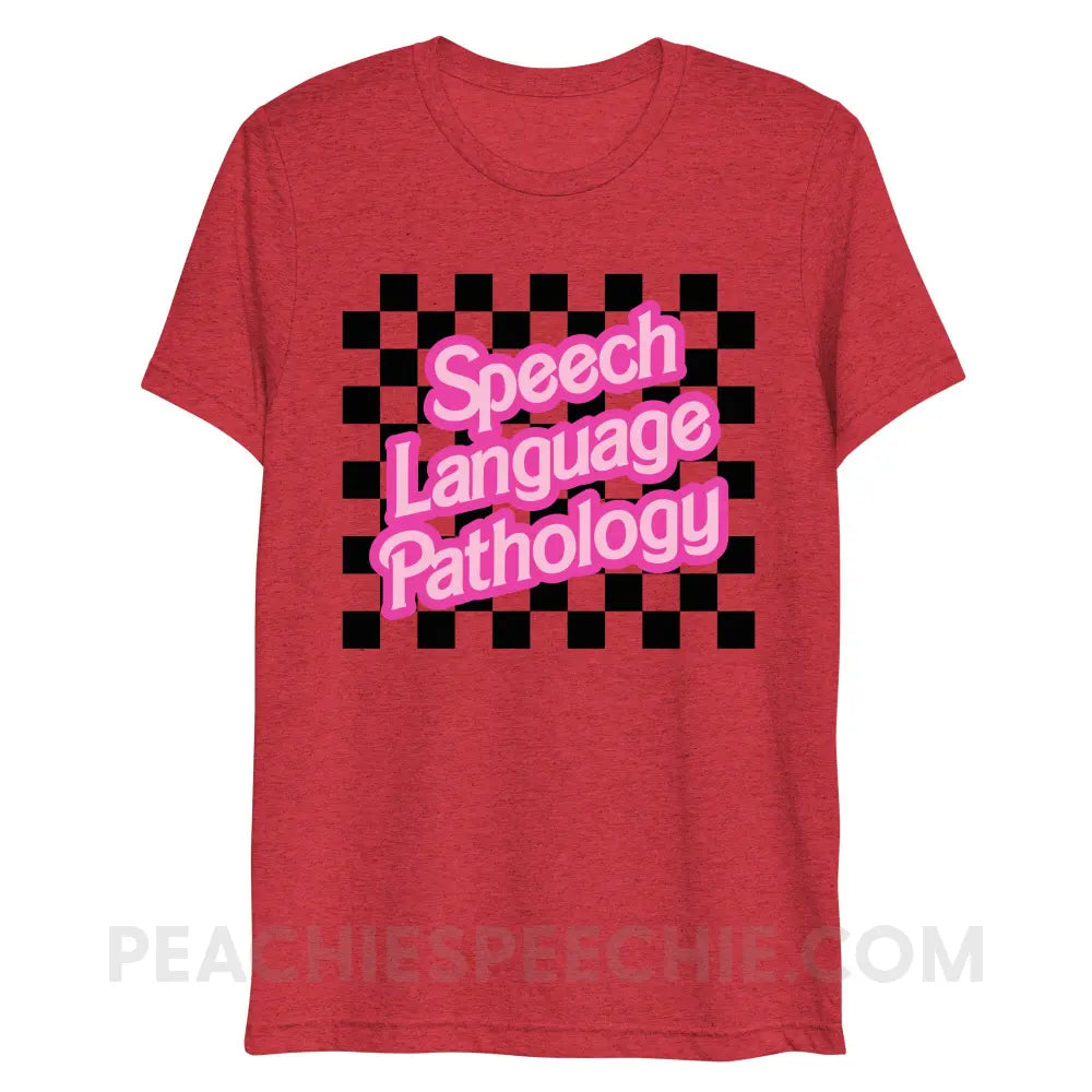 90s Checkerboard Speech Language Pathology Tri-Blend Tee - Red Triblend / XS - peachiespeechie.com