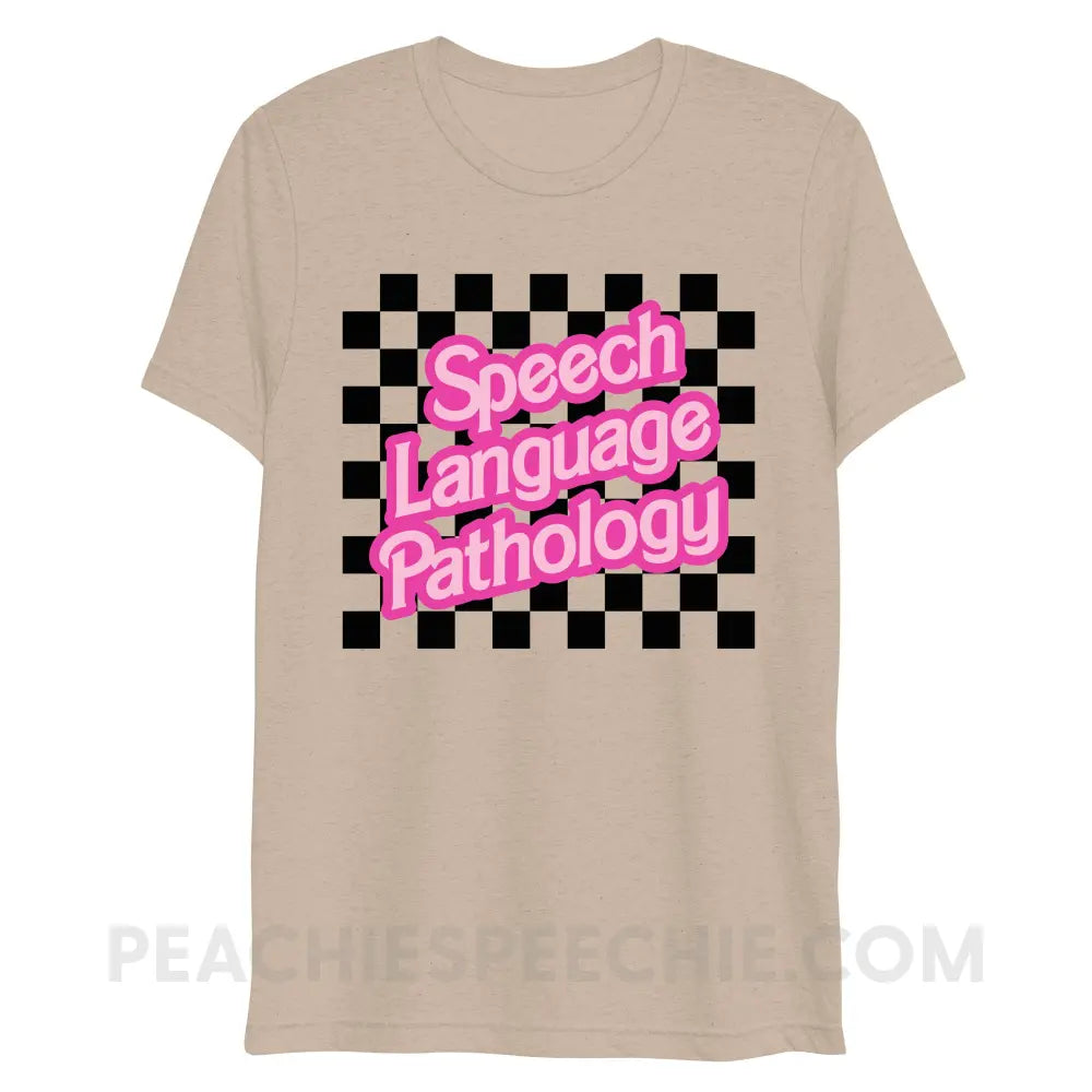 90s Checkerboard Speech Language Pathology Tri-Blend Tee - Tan Triblend / XS - peachiespeechie.com