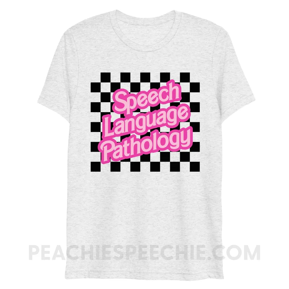 90s Checkerboard Speech Language Pathology Tri-Blend Tee - White Fleck Triblend / XS - peachiespeechie.com