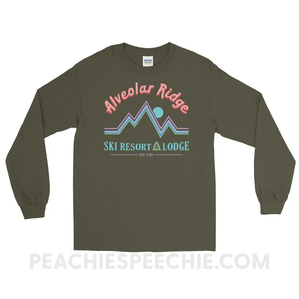 Alveolar Ridge Ski Resort & Lodge Long Sleeve Tee - Military Green / S - peachiespeechie.com