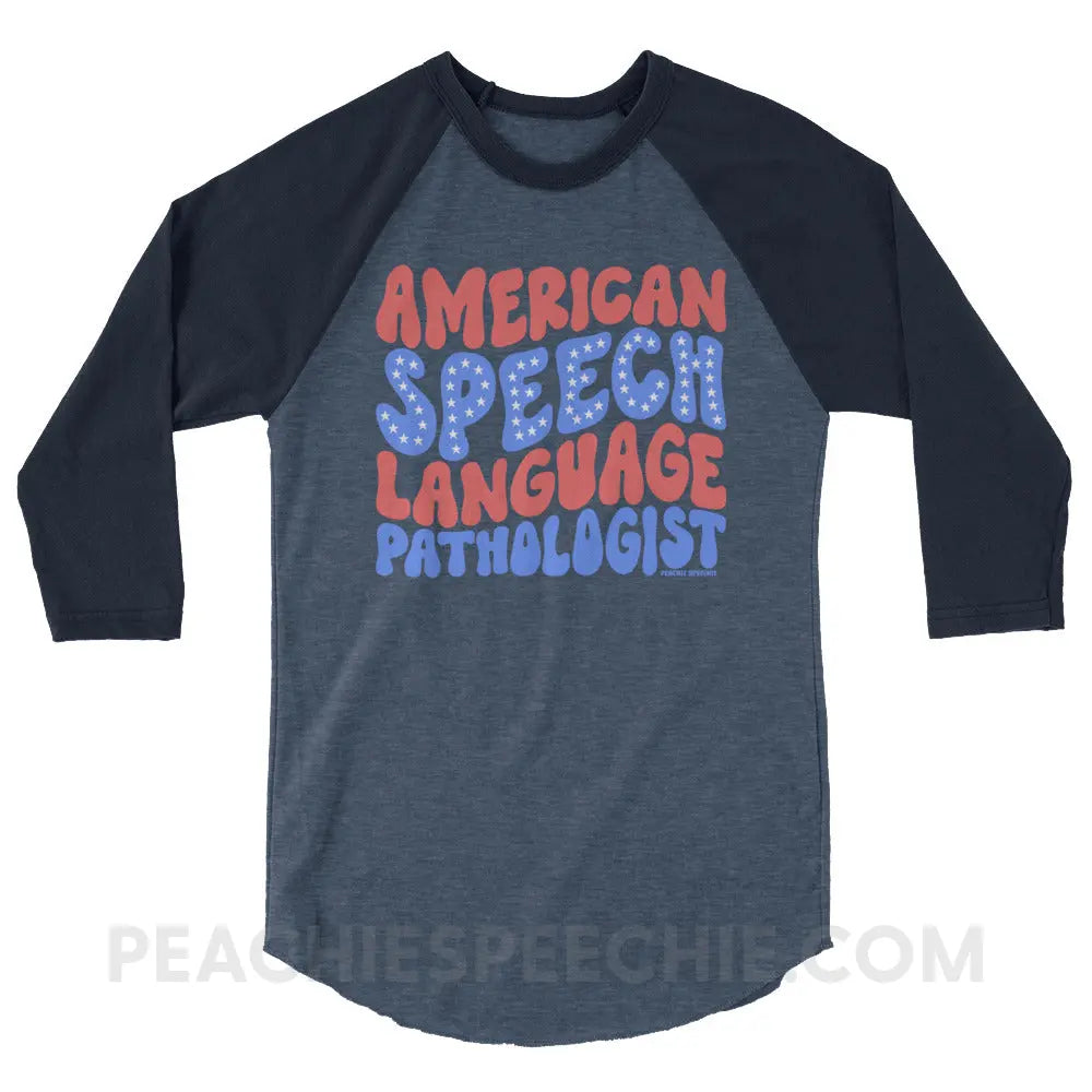American Speech-Language Pathologist Baseball Tee - Heather Denim/Navy / XS - peachiespeechie.com
