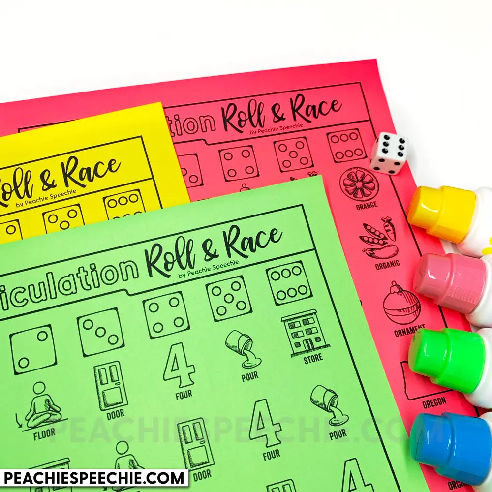 Articulation Roll and Race Dice Game for Speech Therapy - Materials peachiespeechie.com