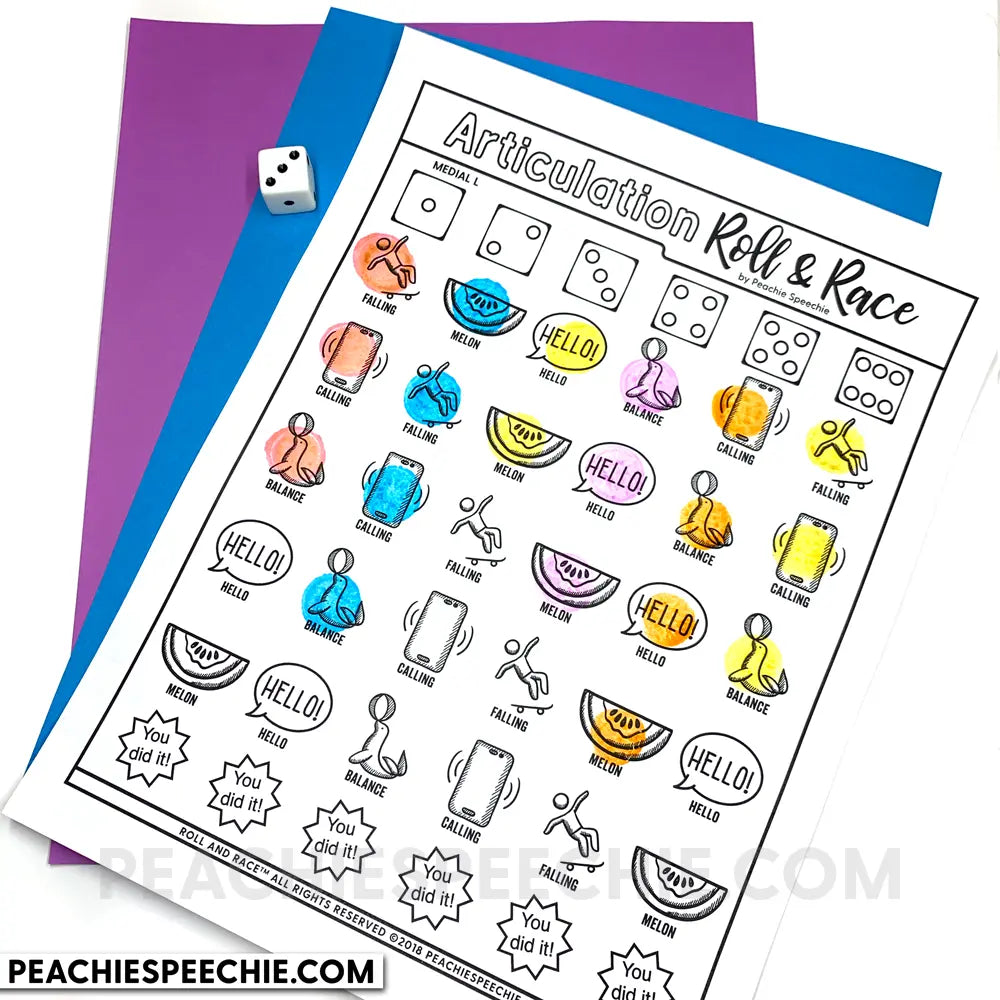 Articulation Roll and Race Dice Game for Speech Therapy - Materials peachiespeechie.com