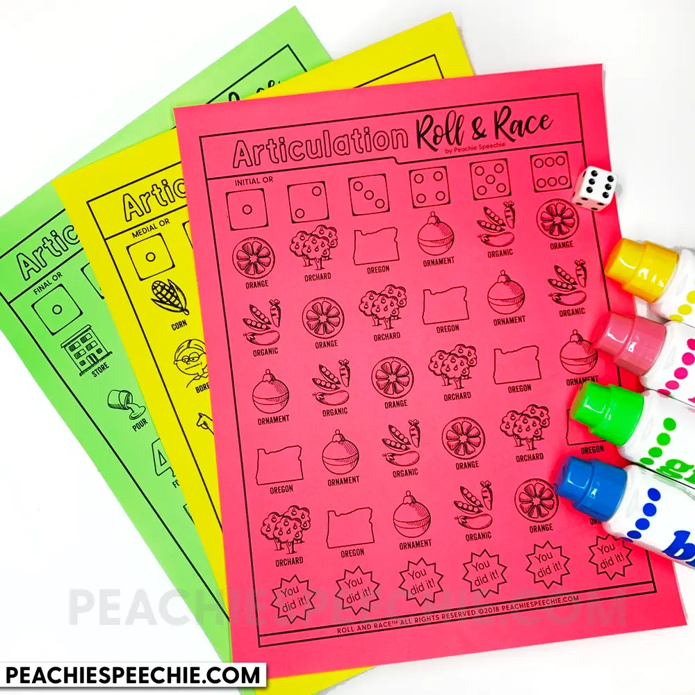 Articulation Roll and Race Dice Game for Speech Therapy - Materials peachiespeechie.com
