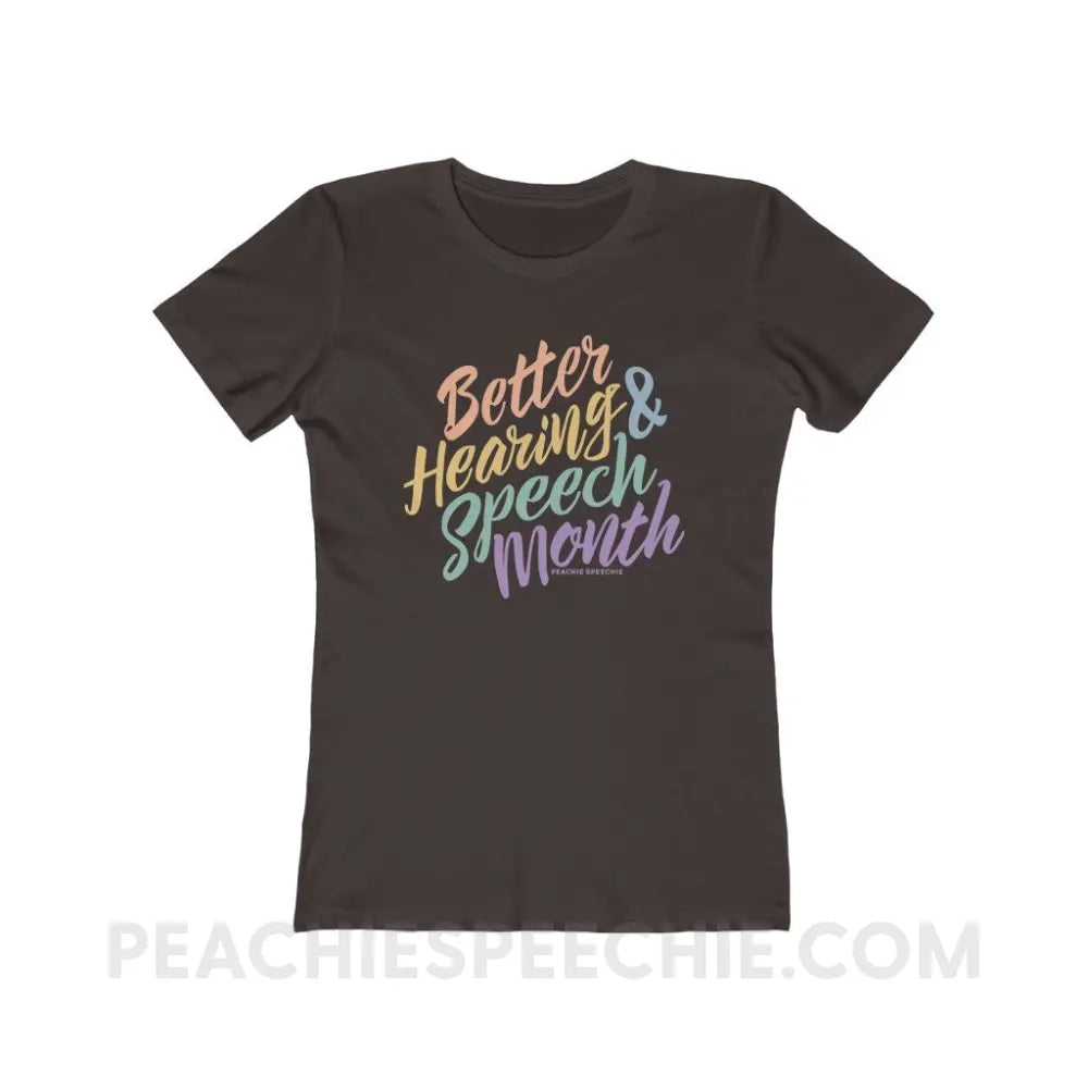 Better Hearing and Speech Month Women’s Fitted Tee - Solid Dark Chocolate / S - T-Shirt peachiespeechie.com