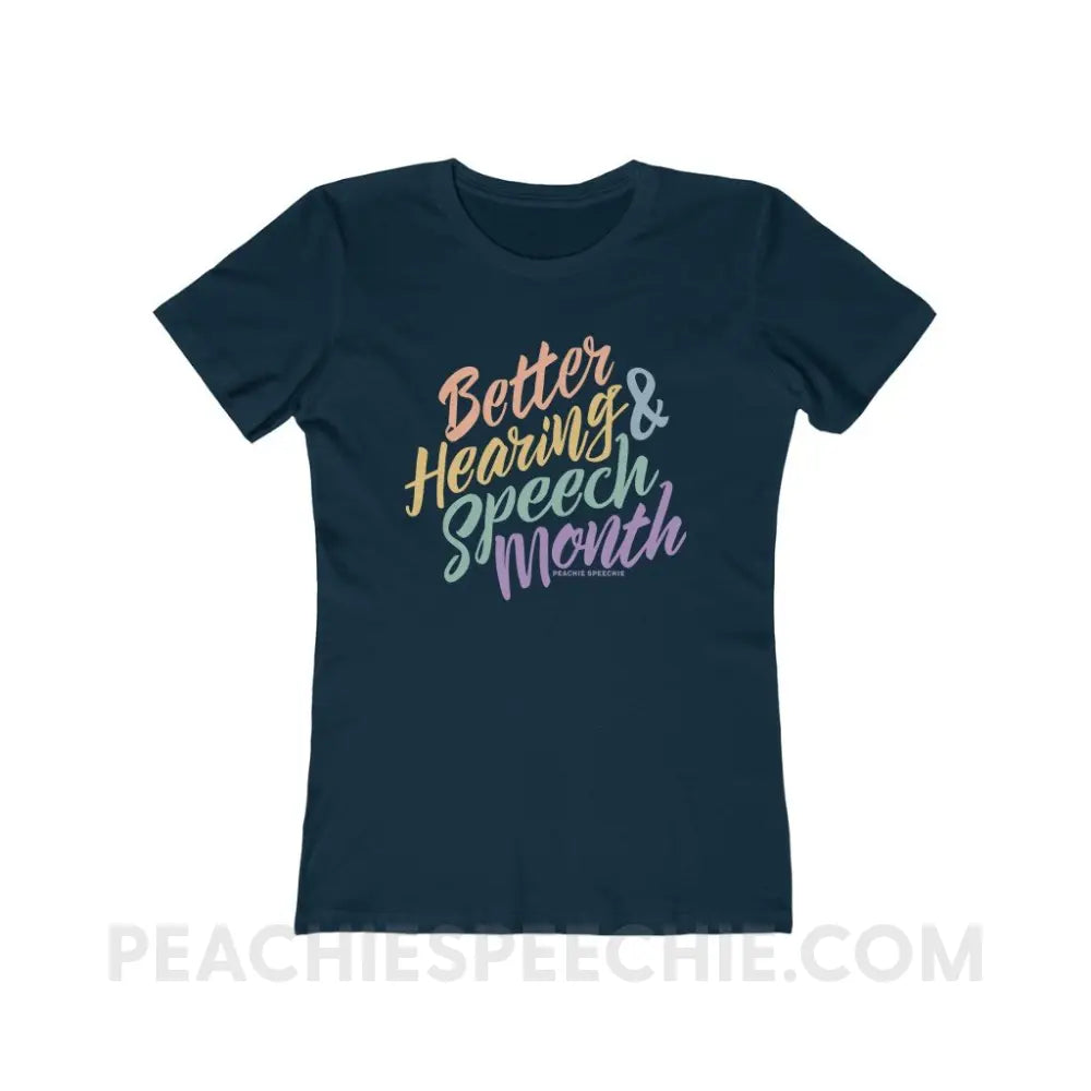 Better Hearing and Speech Month Women’s Fitted Tee - Solid Midnight Navy / S - T-Shirt peachiespeechie.com