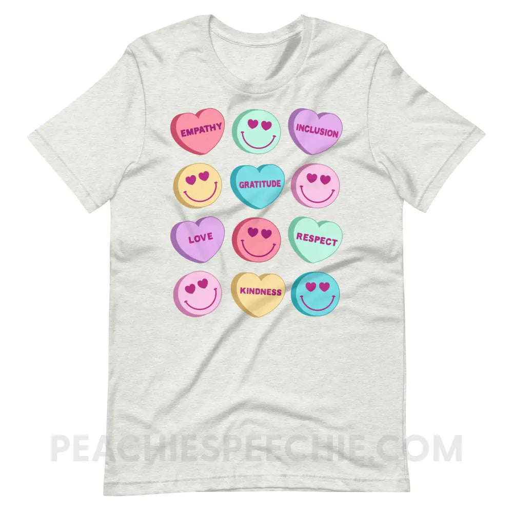 Candy Heart Virtues Premium Soft Tee - Ash / S - peachiespeechie.com