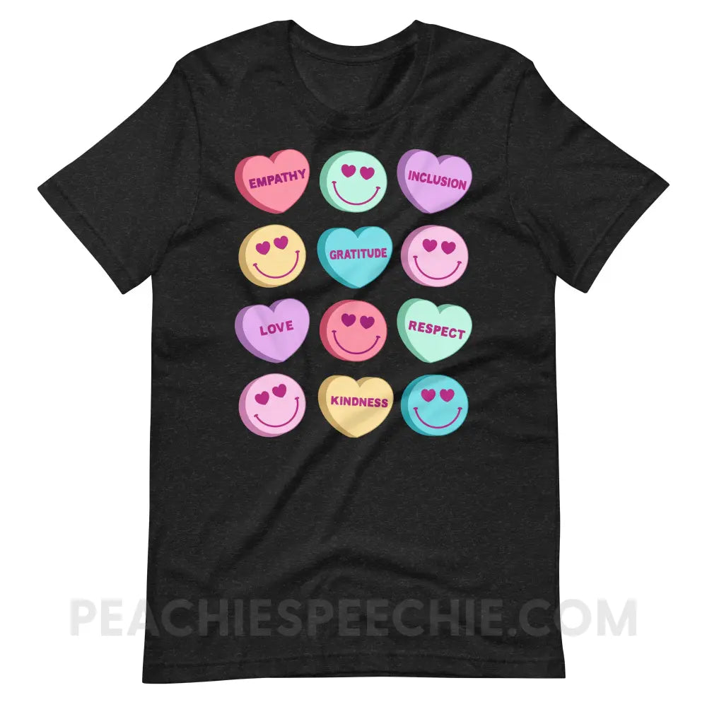 Candy Heart Virtues Premium Soft Tee - Black Heather / XS - peachiespeechie.com
