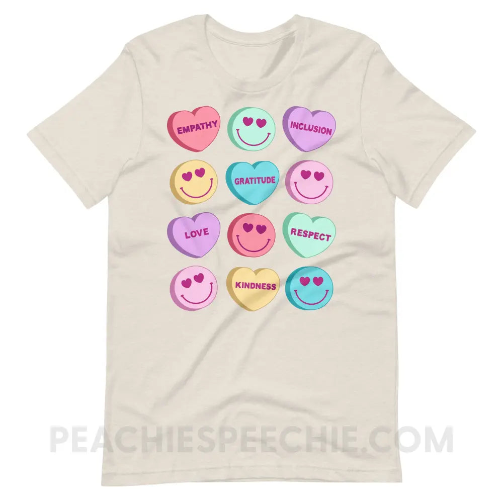 Candy Heart Virtues Premium Soft Tee - Heather Dust / S - peachiespeechie.com