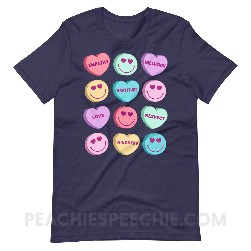 Candy Heart Virtues Premium Soft Tee - Heather Midnight Navy / XS - peachiespeechie.com