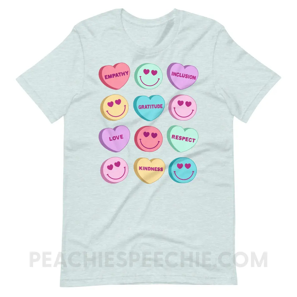 Candy Heart Virtues Premium Soft Tee - Heather Prism Ice Blue / XS - peachiespeechie.com