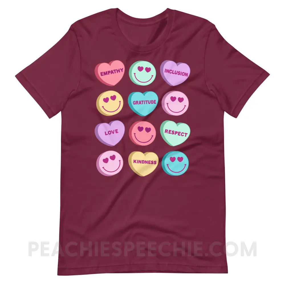 Candy Heart Virtues Premium Soft Tee - Maroon / XS - peachiespeechie.com