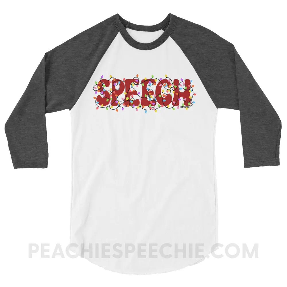Christmas Lights Speech Baseball Tee - White/Heather Charcoal / XS - peachiespeechie.com
