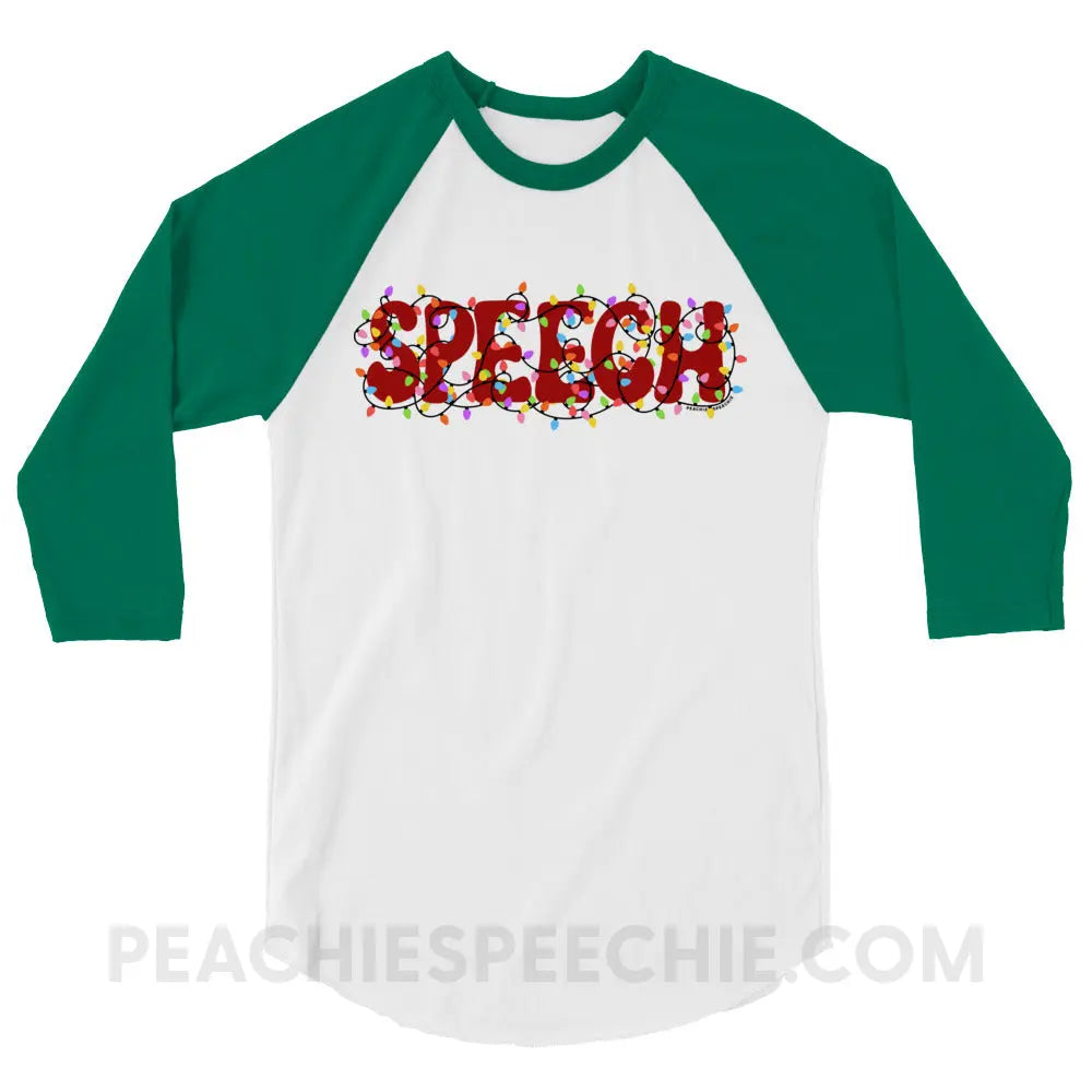 Christmas Lights Speech Baseball Tee - White/Kelly / XS - peachiespeechie.com