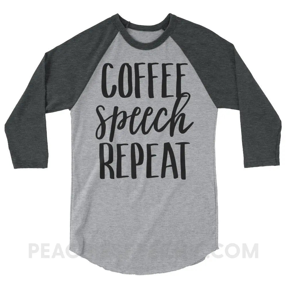 Coffee Speech Repeat Baseball Tee - Heather Grey/Heather Charcoal / XS - T-Shirts & Tops peachiespeechie.com