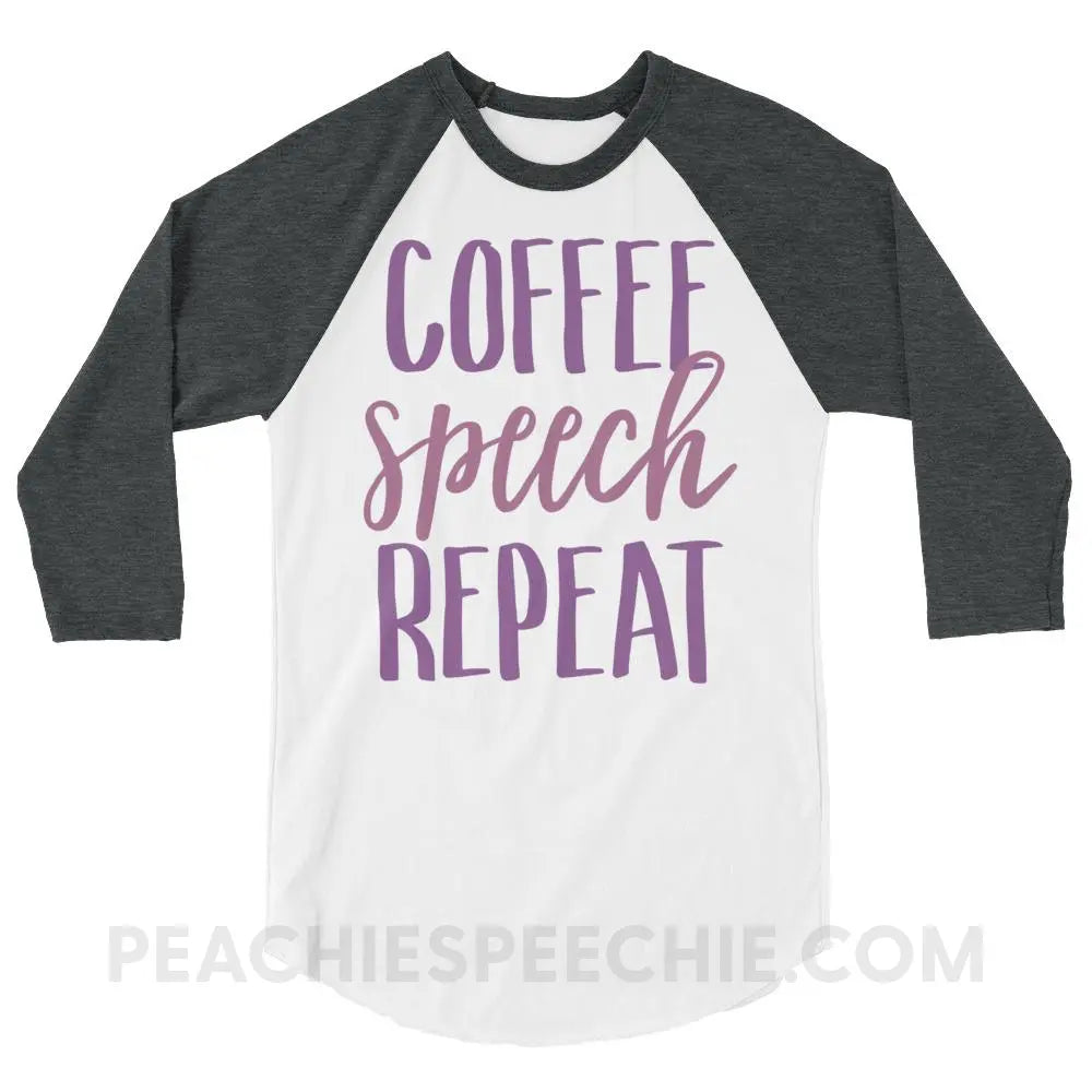 Coffee Speech Repeat Baseball Tee - White/Heather Charcoal / XS - T-Shirts & Tops peachiespeechie.com