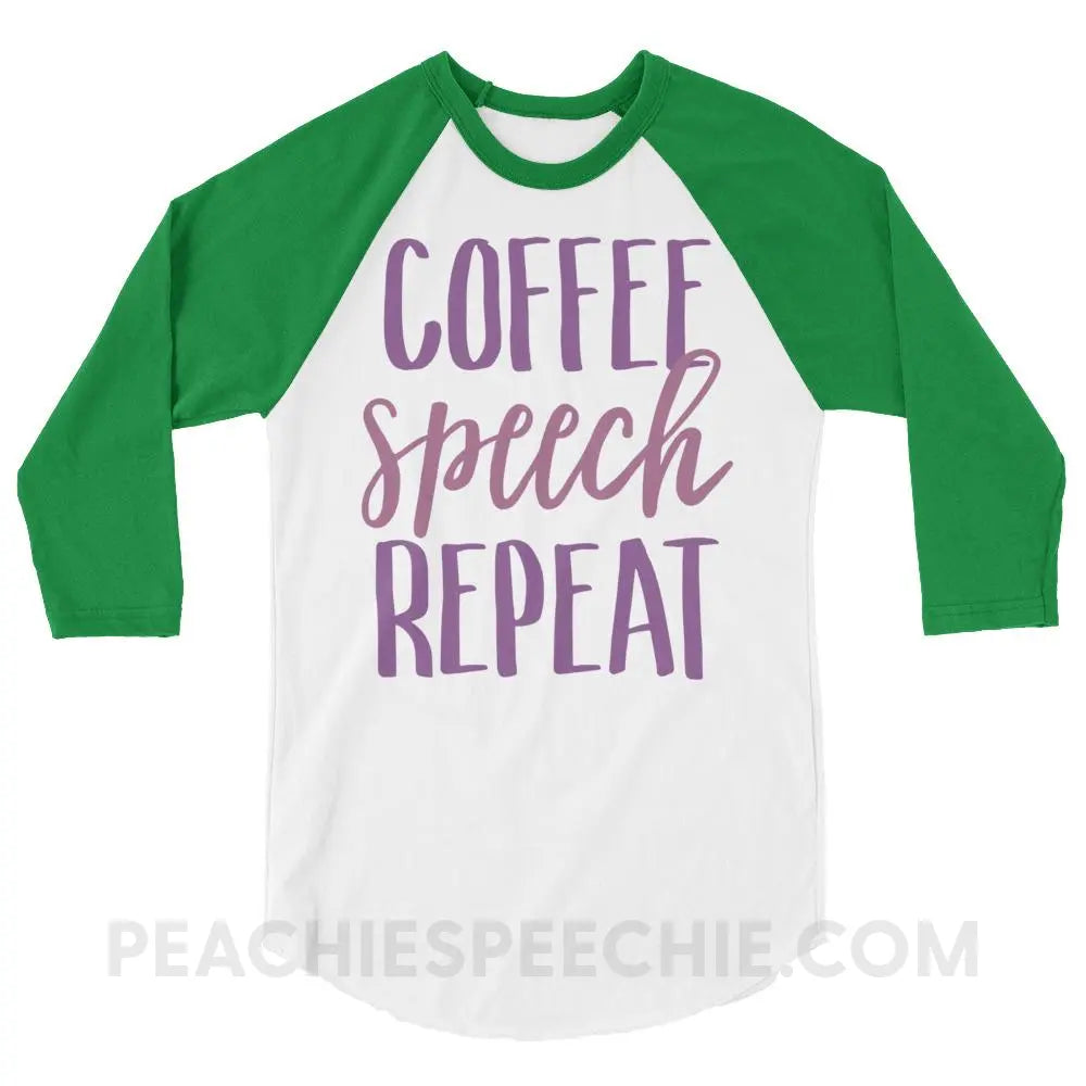 Coffee Speech Repeat Baseball Tee - White/Kelly / XS - T-Shirts & Tops peachiespeechie.com