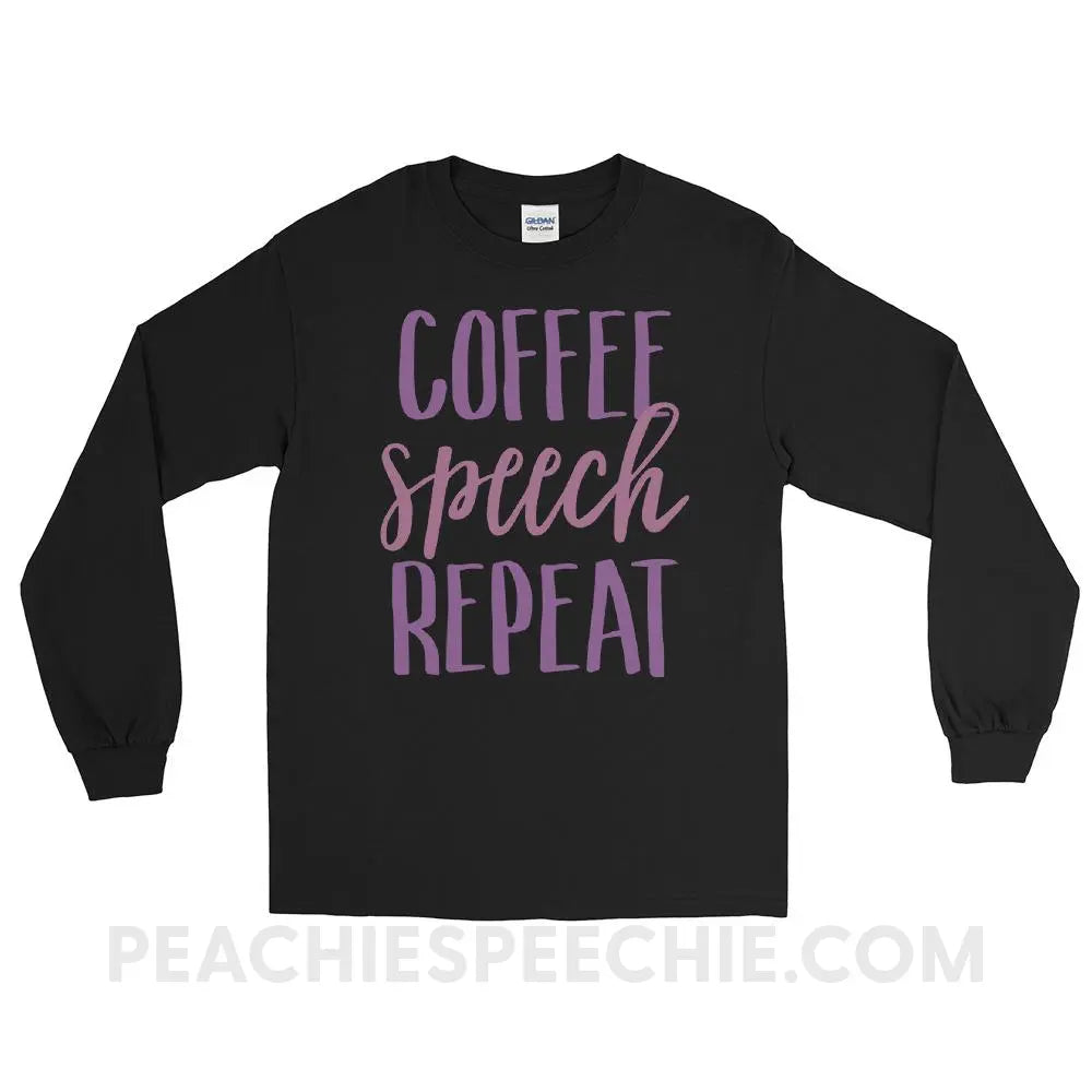 Coffee Speech Repeat Long Sleeve Tee - Black / S - T-Shirts & Tops peachiespeechie.com