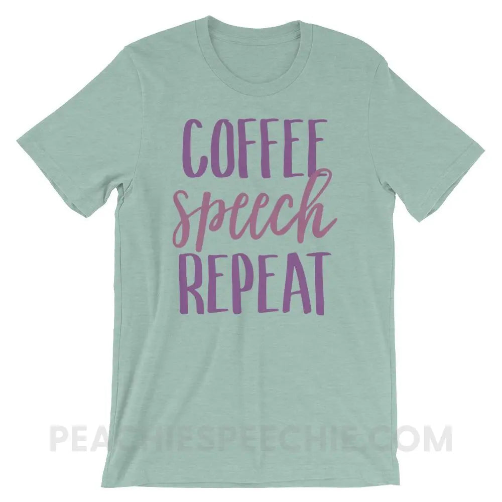 Coffee Speech Repeat Premium Soft Tee - Heather Prism Dusty Blue / XS - T-Shirts & Tops peachiespeechie.com
