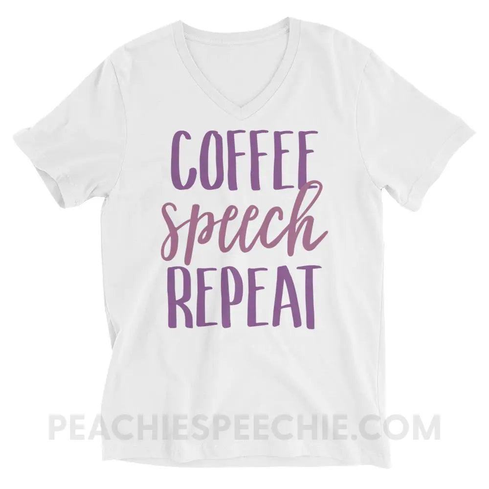 Coffee Speech Repeat Soft V-Neck - White / S - T-Shirts & Tops peachiespeechie.com