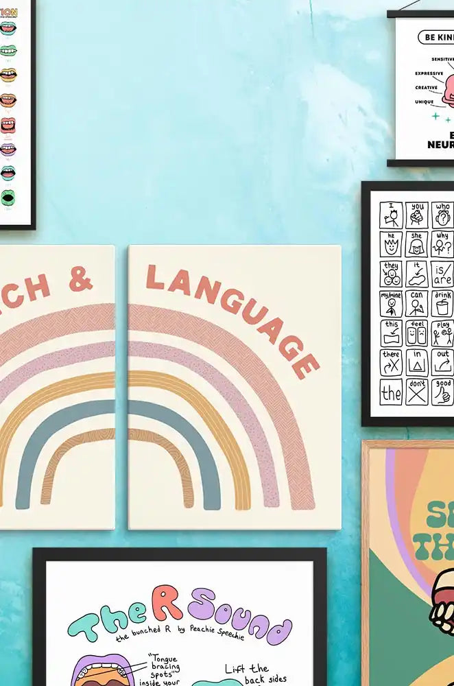 A collection of framed educational posters for speech and language development.