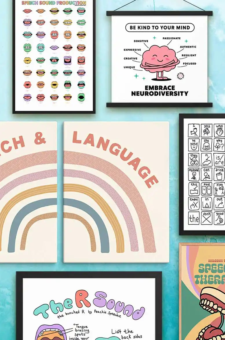 Collection of framed educational prints for speech and language therapy.