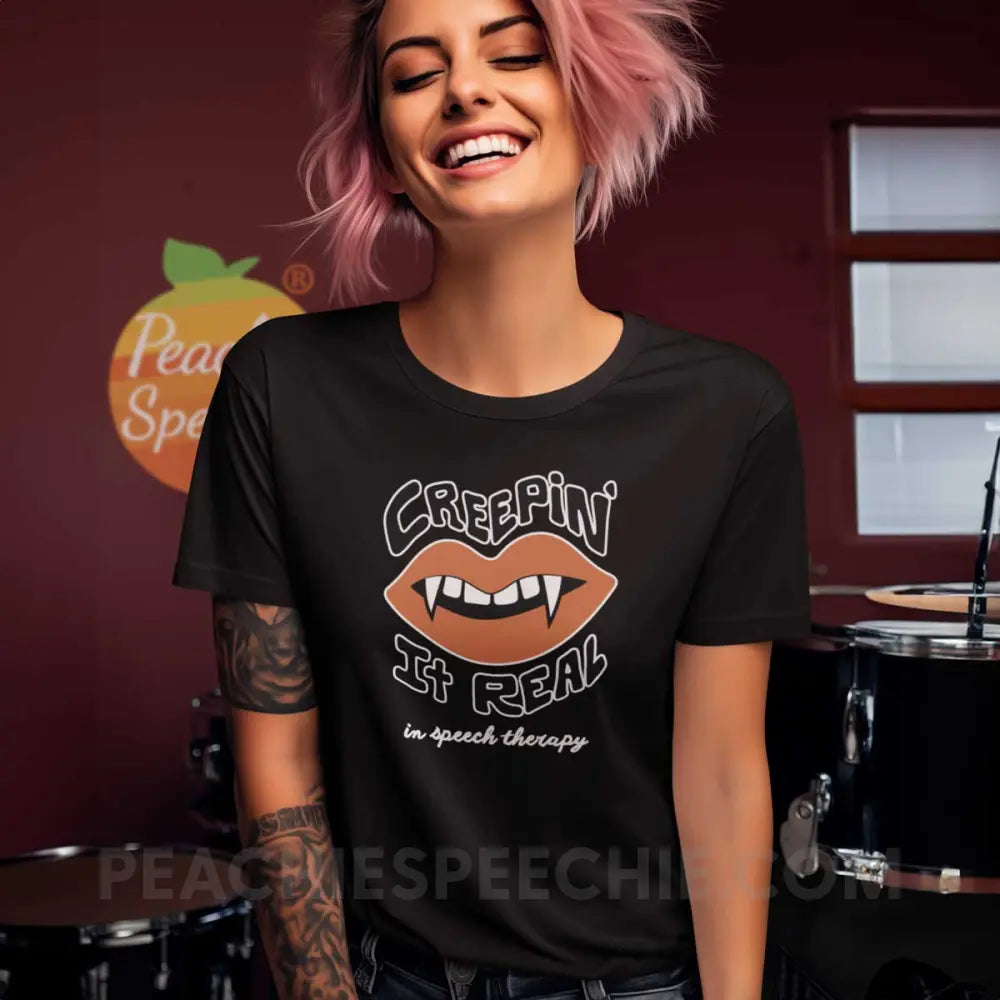 Creepin’ It Real In Speech Therapy Premium Soft Tee - Black / XS - peachiespeechie.com