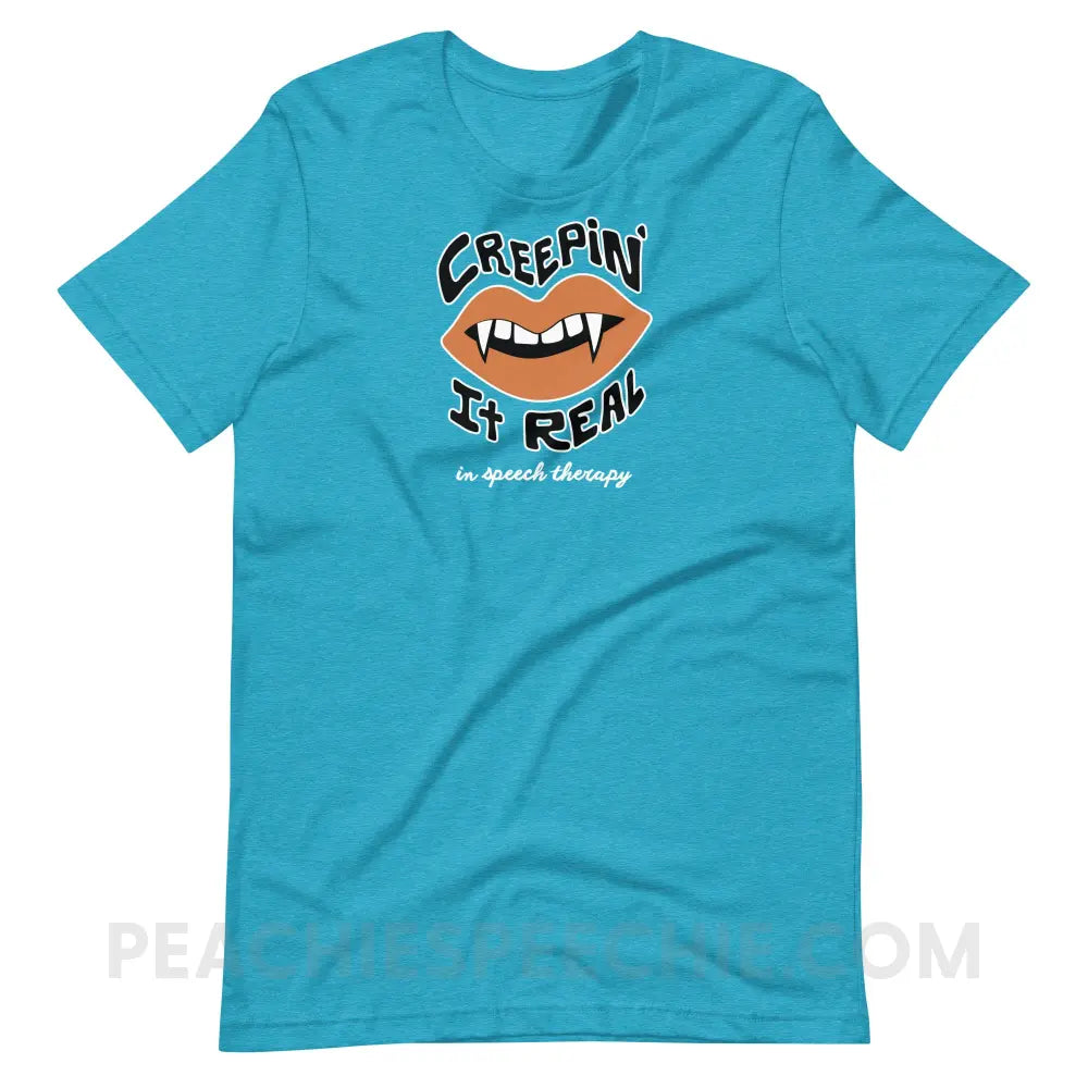 Creepin’ It Real In Speech Therapy Premium Soft Tee - Heather Aqua / XS - peachiespeechie.com