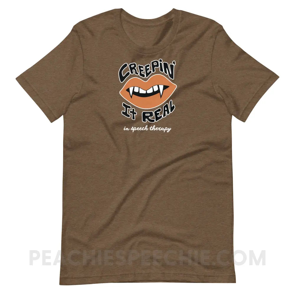 Creepin’ It Real In Speech Therapy Premium Soft Tee - Heather Brown / XS - peachiespeechie.com