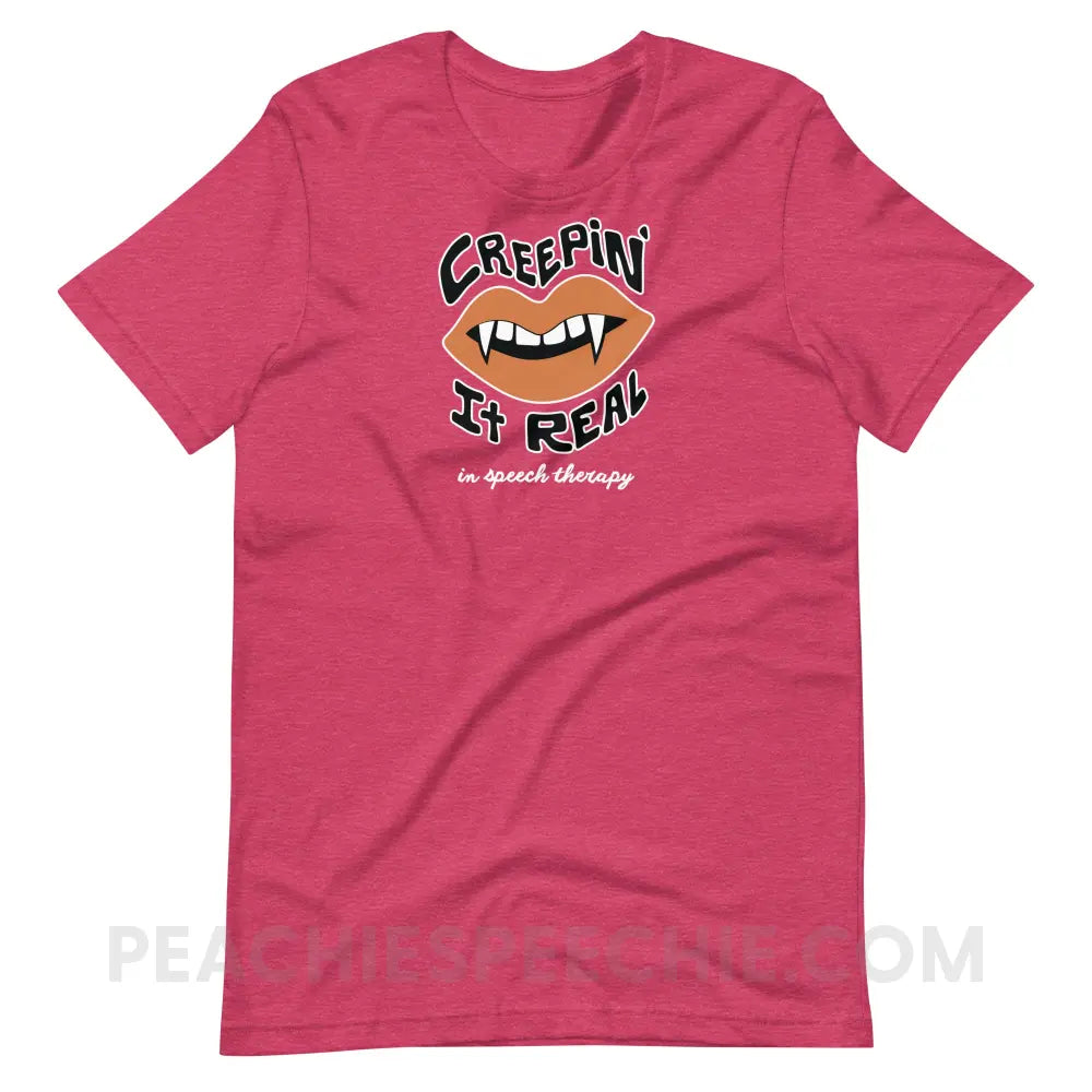 Creepin’ It Real In Speech Therapy Premium Soft Tee - Heather Raspberry / S - peachiespeechie.com