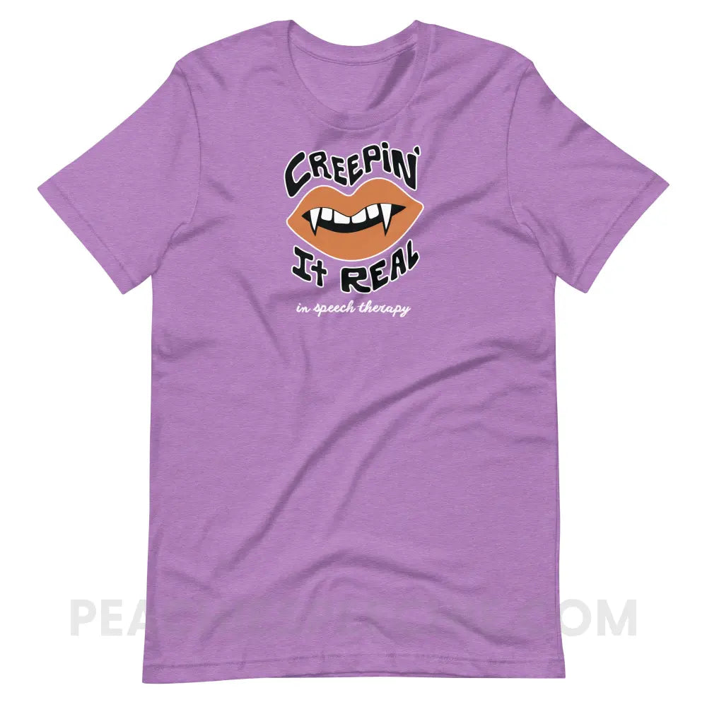 Creepin’ It Real In Speech Therapy Premium Soft Tee - Heather Team Purple / XS - peachiespeechie.com