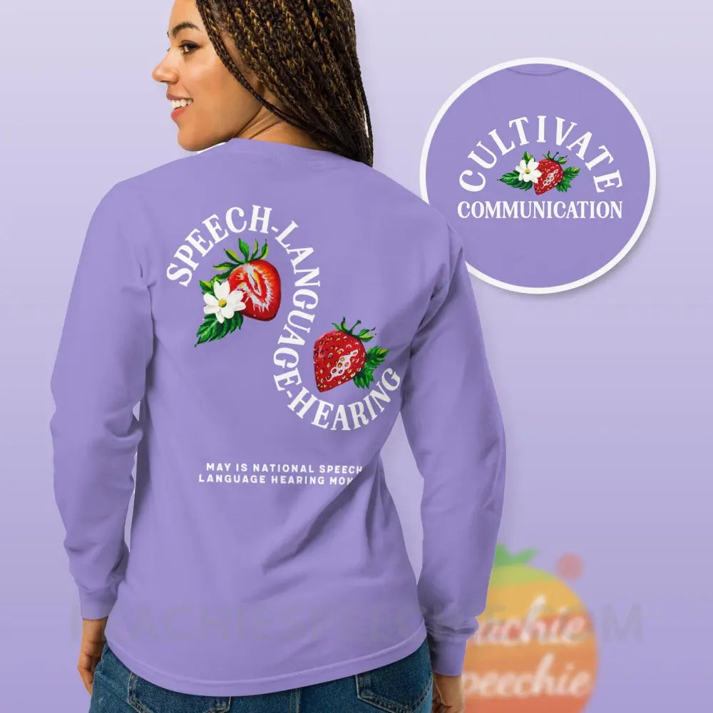 Cultivate Communication NSLHM Strawberries Comfort Colors Long Sleeve - Violet / S - peachiespeechie.com