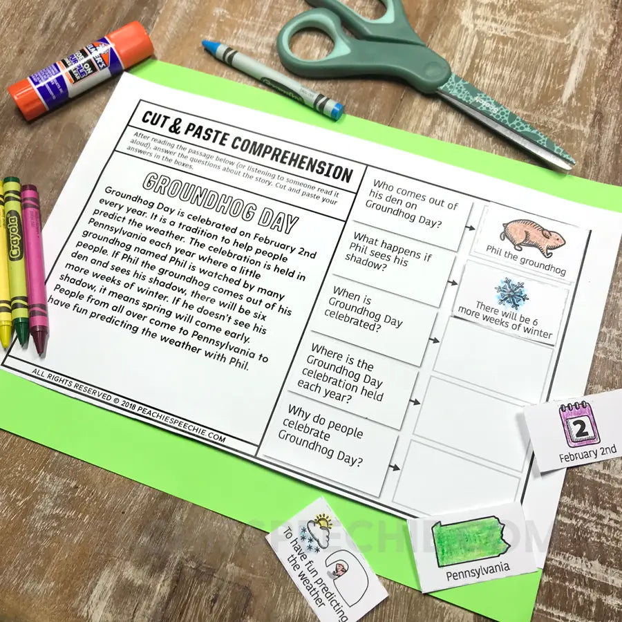 Cut and Paste Comprehension: Groundhog Day Story - Materials peachiespeechie.com