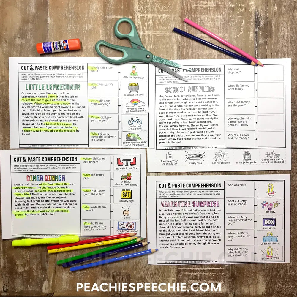Cut and Paste Comprehension Stories for the WHOLE YEAR - Materials peachiespeechie.com