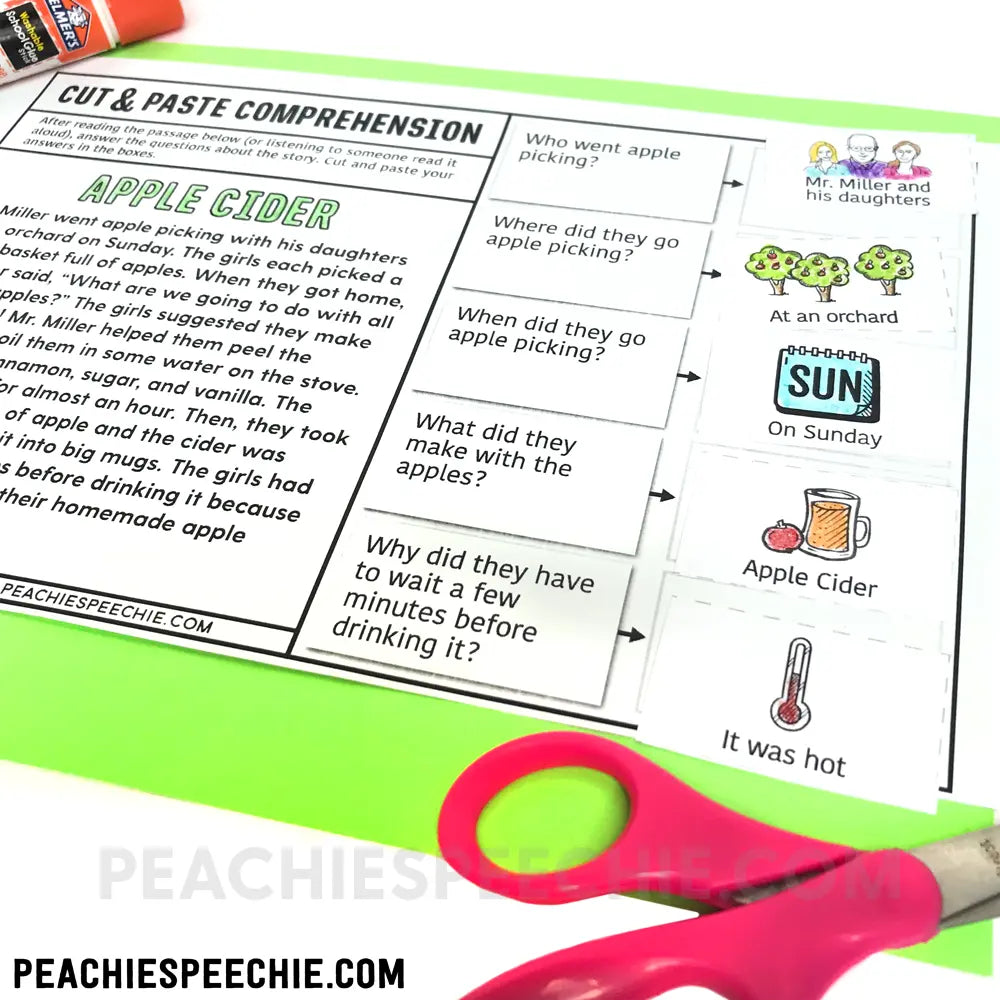 Cut and Paste Comprehension Stories for the WHOLE YEAR - Materials peachiespeechie.com