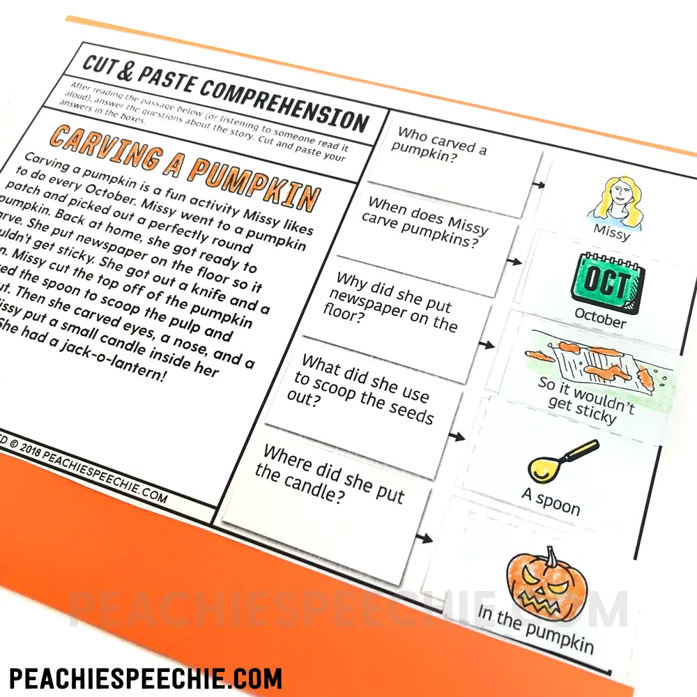 Cut and Paste Comprehension Stories for the WHOLE YEAR - Materials peachiespeechie.com